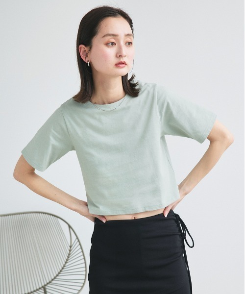 セール】シンプル無地 ボーダー ショート丈ミニTシャツ（Tシャツ