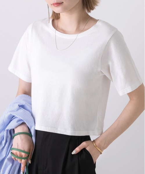 ad thie（アドティエ）の「シンプル無地 ボーダー ショート丈ミニTシャツ（Tシャツ/カットソー・レディース・ブラック/グリーン/セージグリーン/イエロー/ホワイト/ブルー/チェリーレッド/ダークブルー/オフホワイト/オレンジ/レッド/ダークブラウン/ピンク/チャコール/ミント/ブルーグレー・FREE）」の19枚目の写真