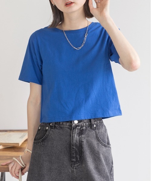 セール】シンプル無地 ボーダー ショート丈ミニTシャツ（Tシャツ