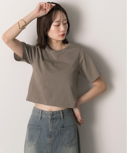 セール】シンプル無地 ボーダー ショート丈ミニTシャツ（Tシャツ