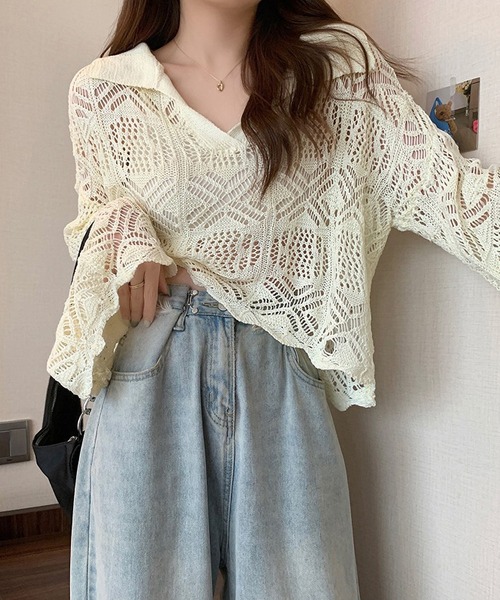 LOPASS(ロパス)の「ポロネック透かし編みトップス(シャツ/ブラウス・レディース・ブラウン/グリーン/ピンク/ブラック/アイボリー・M)」の1枚目の写真