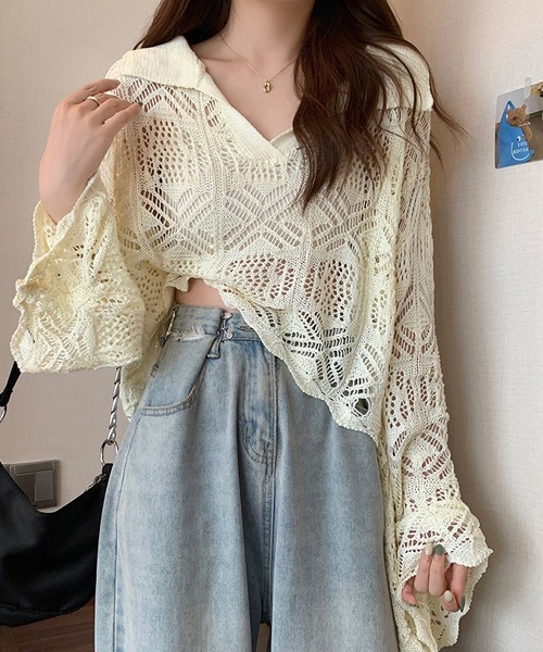 LOPASS(ロパス)の「ポロネック透かし編みトップス(シャツ/ブラウス・レディース・ブラウン/グリーン/ピンク/ブラック/アイボリー・M)」の6枚目の写真
