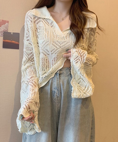 LOPASS(ロパス)の「ポロネック透かし編みトップス(シャツ/ブラウス・レディース・ブラウン/グリーン/ピンク/ブラック/アイボリー・M)」の10枚目の写真