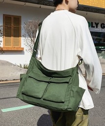 ダブルフラップポケットキャンバスビッグショルダーバッグ
