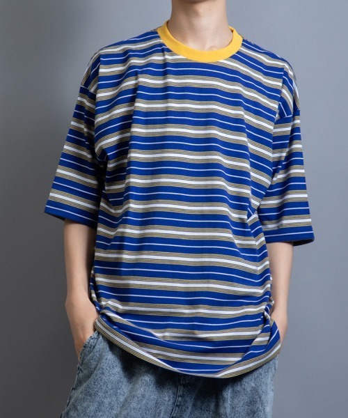 En serio TOKYO(エンソリオトーキョー)の「アソート マルチレトロボーダー ビッグシルエット TEE(Tシャツ/カットソー・メンズ・グレー系/パープル系/グリーン系その他/ブルー系/グリーン系/ホワイト系・M/LL/L)」の5枚目の写真