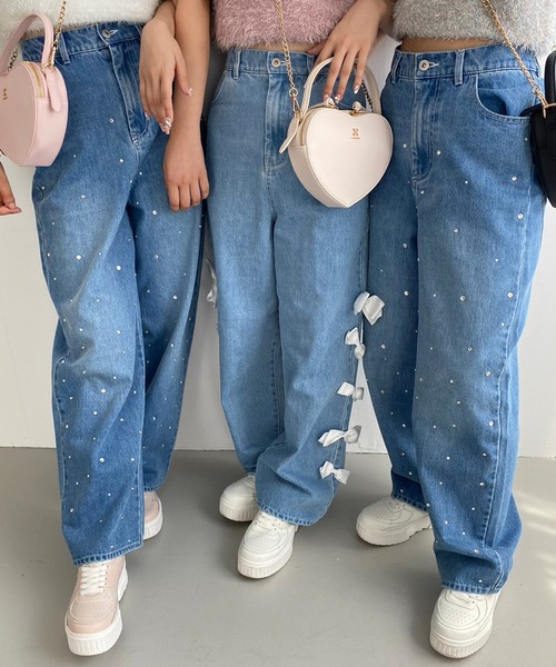 NICE CLAUP ビジュー付きデニムパンツ continuer de NICE CLAUP/パール/ビジュー付デニム｜NICE CLAUP