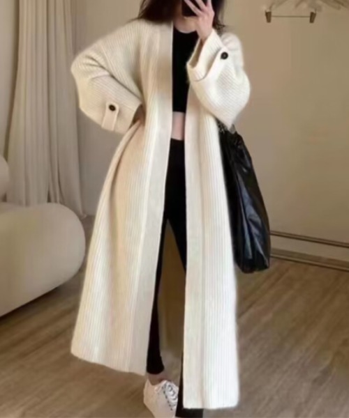 Silly（シリー）の「【大人コーデに◎】ノーカラーロングニットカーディガン（カーディガン/ボレロ・レディース・グレー/アイボリー・FREE）」の6枚目の写真