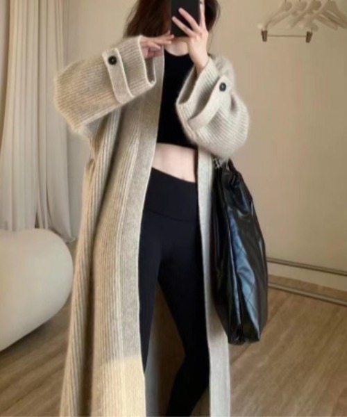 Silly（シリー）の「【大人コーデに◎】ノーカラーロングニットカーディガン（カーディガン/ボレロ・レディース・グレー/アイボリー・FREE）」の5枚目の写真