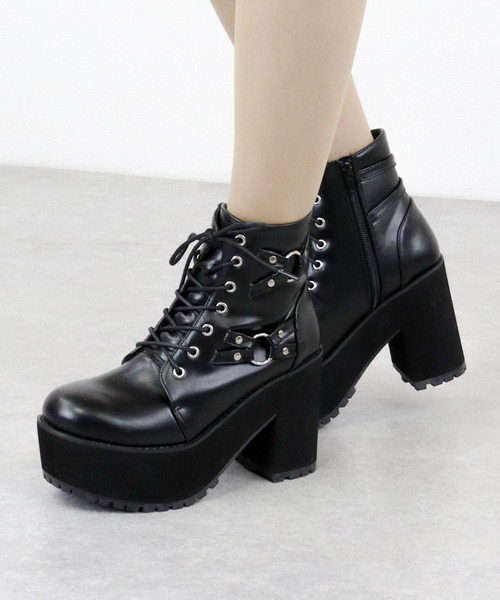 ♡ぱんだ　ローファー、ブーツセット♡ セール】ダブルリング デザインベルト付き 厚底 ブーツ(1647)/Love