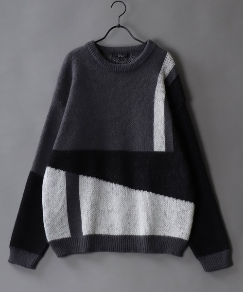 SITRY(シトリー)の「panel pattern jacquard knitting crew neck sweater/パネル柄 ジャガード ニット クルーネック セーター/ニット/総柄(ニット/セーター・メンズ・ブルー/チャコールグレー/カーキ・M/L)」の1枚目の写真