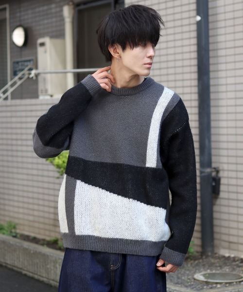 SITRY(シトリー)の「panel pattern jacquard knitting crew neck sweater/パネル柄 ジャガード ニット クルーネック セーター/ニット/総柄(ニット/セーター・メンズ・ブルー/チャコールグレー/カーキ・M/L)」の11枚目の写真