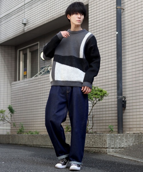 SITRY(シトリー)の「panel pattern jacquard knitting crew neck sweater/パネル柄 ジャガード ニット クルーネック セーター/ニット/総柄(ニット/セーター・メンズ・ブルー/チャコールグレー/カーキ・M/L)」の8枚目の写真