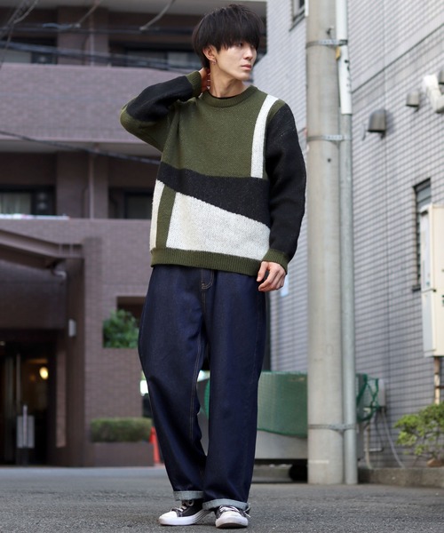 SITRY(シトリー)の「panel pattern jacquard knitting crew neck sweater/パネル柄 ジャガード ニット クルーネック セーター/ニット/総柄(ニット/セーター・メンズ・ブルー/チャコールグレー/カーキ・M/L)」の5枚目の写真