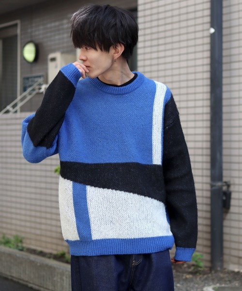 SITRY(シトリー)の「panel pattern jacquard knitting crew neck sweater/パネル柄 ジャガード ニット クルーネック セーター/ニット/総柄(ニット/セーター・メンズ・ブルー/チャコールグレー/カーキ・M/L)」の7枚目の写真