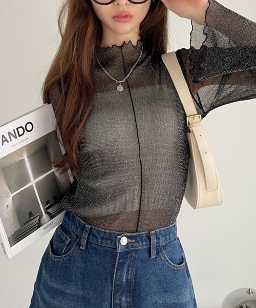 Ada.(エイダ)の「ラメチュール ロングスリーブ ハイネック シアートップス(Tシャツ/カットソー・レディース・グレイッシュベージュ/ブラック/ピンク/ブルー系その他/シルバー/カーキ/グレー・FREE)」の20枚目の写真