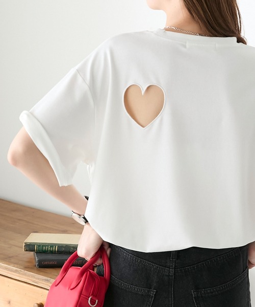 BONLECILL(ボンルシール)の「バックオープンハート半袖Tシャツ(Tシャツ/カットソー・レディース・レッド/ブラック/杢グレー/オフホワイト・FREE)」の1枚目の写真