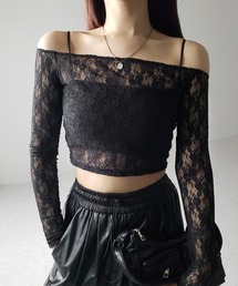 me+em select（ミームセレクト）の「【 ２color 】オフショルショートレーストップス ／ off-shoulder short lace tops（Tシャツ/カットソー・レディース）」