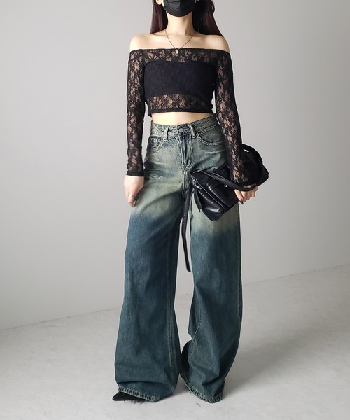 yilon LACE GATHER TOPS グレー トップス オフショルダー - メルカリ