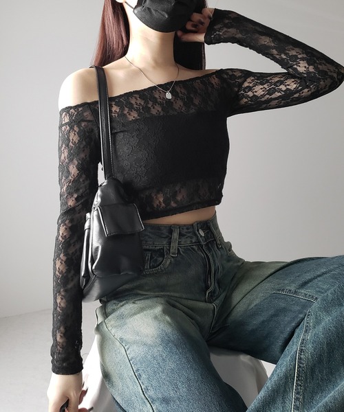me+em select（ミームセレクト）の「※※【 ２color 】オフショルショートレーストップス ／ off-shoulder short lace tops（Tシャツ/カットソー・レディース・ブラック/ホワイト・FREE）」の8枚目の写真