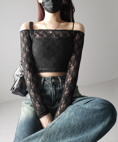 me+em select（ミームセレクト）の「※※【 ２color 】オフショルショートレーストップス ／ off-shoulder short lace tops（Tシャツ/カットソー・レディース・ブラック/ホワイト・FREE）」の9枚目の写真