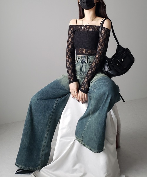 me+em select（ミームセレクト）の「※※【 ２color 】オフショルショートレーストップス ／ off-shoulder short lace tops（Tシャツ/カットソー・レディース・ブラック/ホワイト・FREE）」の10枚目の写真