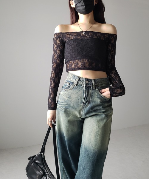 me+em select（ミームセレクト）の「※※【 ２color 】オフショルショートレーストップス ／ off-shoulder short lace tops（Tシャツ/カットソー・レディース・ブラック/ホワイト・FREE）」の11枚目の写真