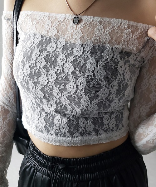 me+em select（ミームセレクト）の「※※【 ２color 】オフショルショートレーストップス ／ off-shoulder short lace tops（Tシャツ/カットソー・レディース・ブラック/ホワイト・FREE）」の12枚目の写真
