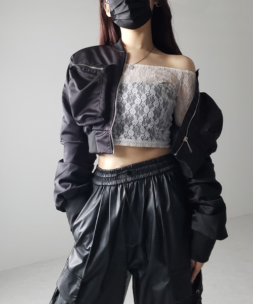 セール】【 2color 】オフショルショートレーストップス ／ off