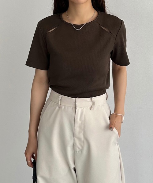 セール】カットアウトリブトップス（Tシャツ/カットソー