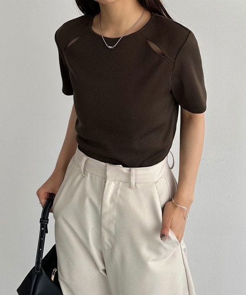 セール】カットアウトリブトップス（Tシャツ/カットソー
