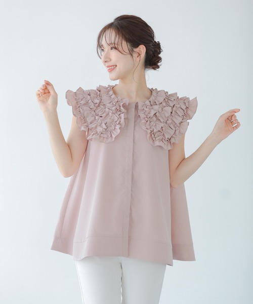 【限定価格・新品未使用】MARK&LONA カラフルノースリーブシャツ セール】ビッグフリルカラーノースリーブブラウス（シャツ