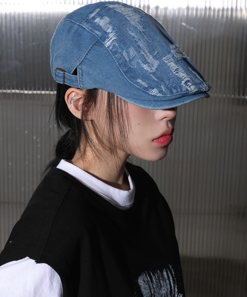 FOLLOWIN（フォロウィン）の「[UNISEX][サイド調節][オールシーズン可能]ビンテージ ダメージ デニム ハンチング フラットキャップ（キャップ・レディース・ブルー/ライトブルー・ONE SIZE）」の5枚目の写真