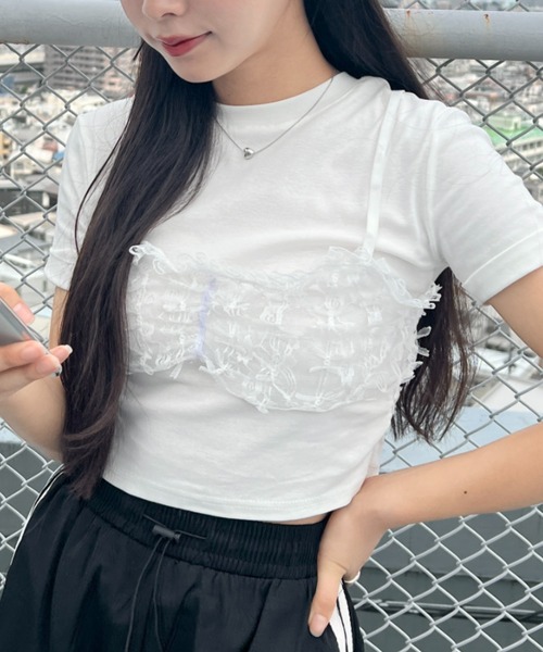 SOLLON.(ソルロン)の「リボンレースビスチェドッキングTシャツ(Tシャツ/カットソー・レディース・ブラック/グレー/ホワイト・FREE)」の1枚目の写真