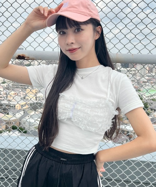 SOLLON.(ソルロン)の「リボンレースビスチェドッキングTシャツ(Tシャツ/カットソー・レディース・ブラック/グレー/ホワイト・FREE)」の4枚目の写真