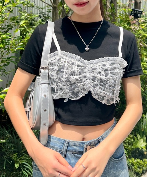 SOLLON.(ソルロン)の「リボンレースビスチェドッキングTシャツ(Tシャツ/カットソー・レディース・ブラック/グレー/ホワイト・FREE)」の9枚目の写真