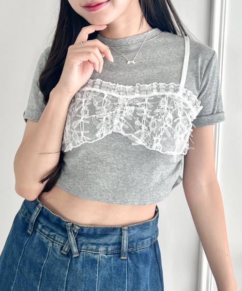 SOLLON.(ソルロン)の「リボンレースビスチェドッキングTシャツ(Tシャツ/カットソー・レディース・ブラック/グレー/ホワイト・FREE)」の14枚目の写真