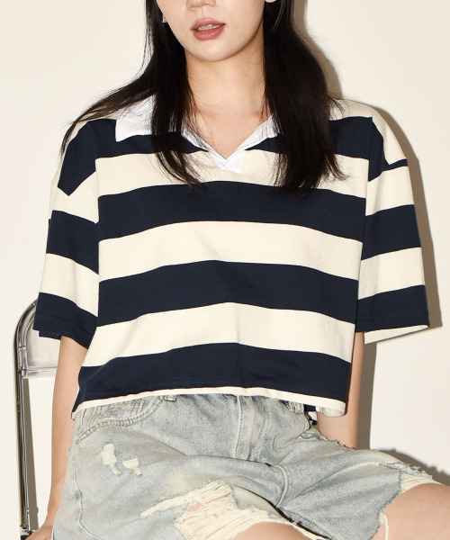 VIVID LADY(ビビッドレディー)の「配色襟付き半袖Tシャツクロップド丈 レディース(Tシャツ/カットソー・レディース・レッド/グリーン/ネイビー/ブラック・FREE)」の17枚目の写真
