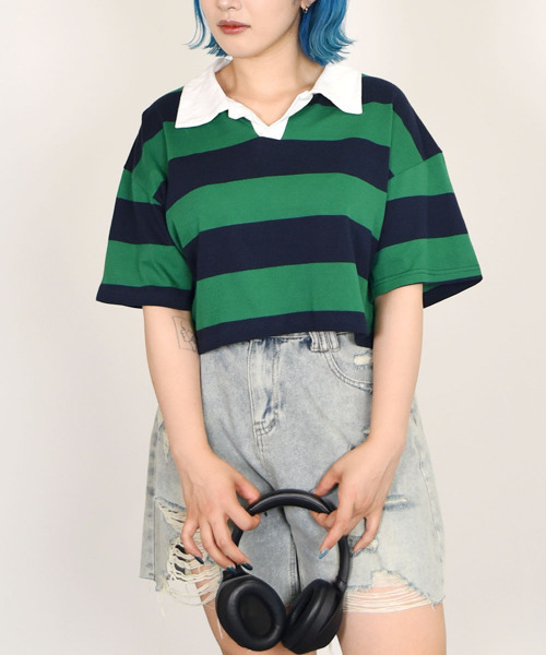 VIVID LADY(ビビッドレディー)の「配色襟付き半袖Tシャツクロップド丈 レディース(Tシャツ/カットソー・レディース・レッド/グリーン/ネイビー/ブラック・FREE)」の18枚目の写真