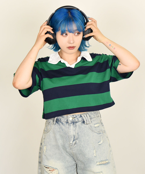 VIVID LADY(ビビッドレディー)の「配色襟付き半袖Tシャツクロップド丈 レディース(Tシャツ/カットソー・レディース・レッド/グリーン/ネイビー/ブラック・FREE)」の19枚目の写真