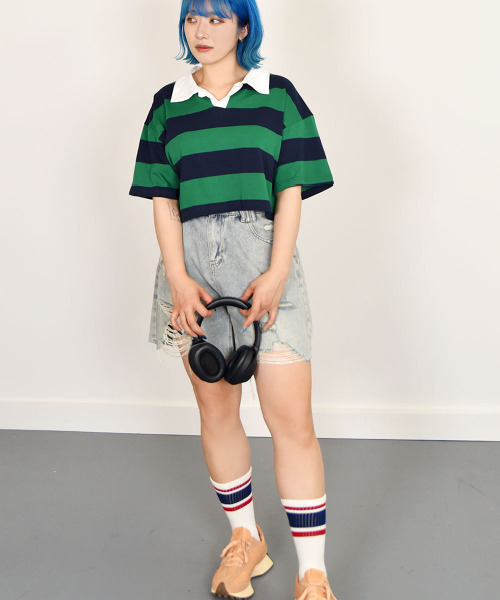 VIVID LADY(ビビッドレディー)の「配色襟付き半袖Tシャツクロップド丈 レディース(Tシャツ/カットソー・レディース・レッド/グリーン/ネイビー/ブラック・FREE)」の22枚目の写真