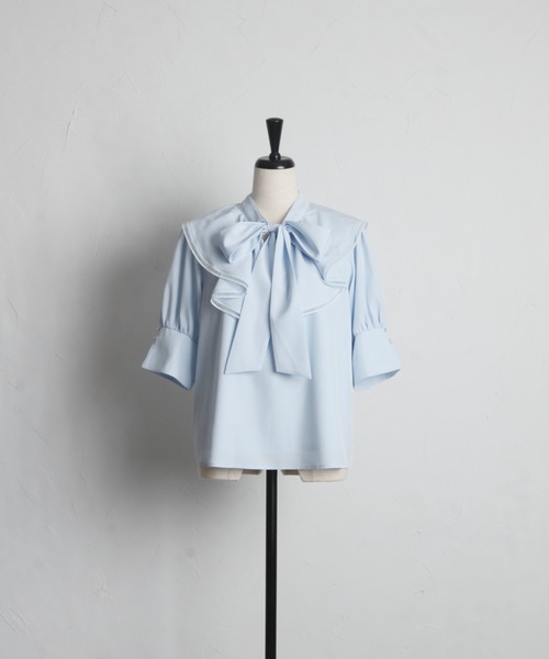 tocco closet（トッコ　クローゼット）の「マルチ３ＷＡＹボウタイリボン×ラッフルフリル付きブラウス（シャツ/ブラウス・レディース・ライトブルー/オフホワイト・M）」の17枚目の写真
