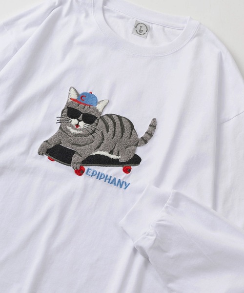make a ray!（メイク ア レイ！）の「「EPIPHANY&RAD」ネコ＆クマ BIGサガラ刺繍 オーバーサイズ ロングスリーブTシャツ/アニマルイラスト/ ロンT（Tシャツ/カットソー・メンズ・ブルー/オフホワイト/チャコールグレー/オレンジ/スミクロ/ホワイト・M/L）」の3枚目の写真