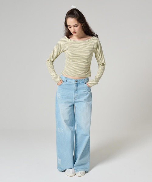 人気☆MADISONBLUE インディゴ ボートネック ボーダーカットソー カットソー MARINE BORDER BOAT NECK L