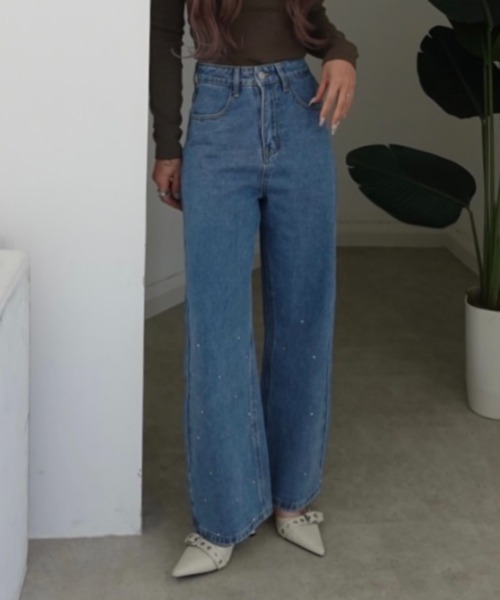 INTER FACTORY（インターファクトリー）の「mayu - ラインストーンストレートデニムmade in INTERFACTORY（デニムパンツ・レディース・ブルー/ブラック・MEDIUM/SMALL）」の14枚目の写真