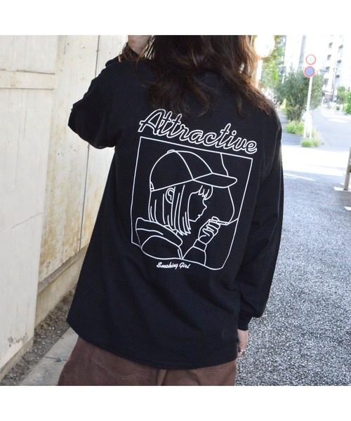 MODISH GAZE(モディシュガゼ)の「【MODISH GAZE】6.0オンス スモーキングガール 線画イラストロンT(CP)(Tシャツ/カットソー・メンズ・ブラック×ホワイト/チャコール/ホワイト×ブラック・XL/L/M/S)」の1枚目の写真