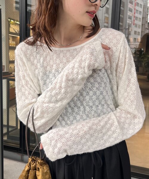 CIAOPANIC TYPY（チャオパニックティピー）の「【前後2WAY】起毛レースシアートップス（Tシャツ/カットソー・レディース・ブラック/オフホワイト/グレー・ONE SIZE）」の2枚目の写真