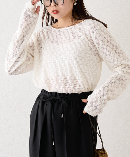 CIAOPANIC TYPY（チャオパニックティピー）の「【前後2WAY】起毛レースシアートップス（Tシャツ/カットソー・レディース・ブラック/オフホワイト/グレー・ONE SIZE）」の14枚目の写真