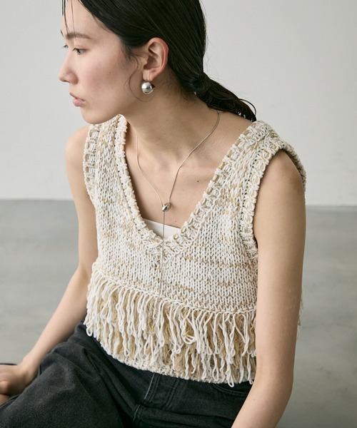 Trish（トリッシュ）の「Vネックフリンジベスト（ベスト・レディース・ラベンダー/ホワイト/ブラウン・MEDIUM）」の17枚目の写真