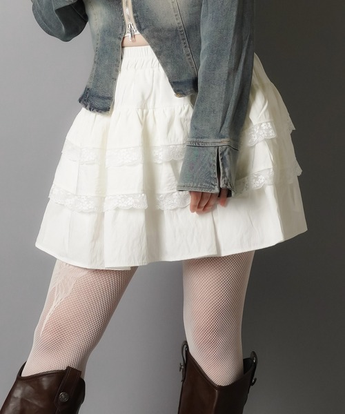 SPINNS(スピンズ)の「ティアードミニスカート/レース/スカパン/インナーパンツ付き(スカート・レディース・ホワイト/ブラック・ONESIZE)」の17枚目の写真