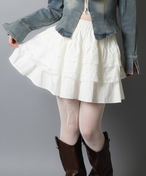 SPINNS(スピンズ)の「ティアードミニスカート/レース/スカパン/インナーパンツ付き(スカート・レディース・ホワイト/ブラック・ONESIZE)」の18枚目の写真